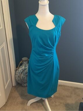 Calvin Klein Teal Ruched Cap-Sleeve Midi Dress
